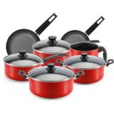 Conjunto de Panelas Antiaderente 7 Peças Panelux Magnific com Tampa de Vidro Vermelho