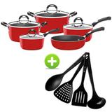 Conjunto de Panelas Tramontina Mônaco 5 Peças Vermelho Conjunto de Utensílios 4 Peças Preto