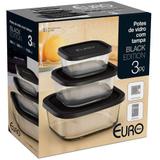 Conjunto De Potes De Vidro Quadrado Com Tampa - Euro Home- Preto.