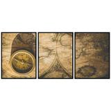 Conjunto de Quadros Mapa Envelhecido e Bússola Kit 3 Quadros de 60x80cm - Decore pronto
