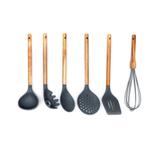 Conjunto de Utensílios para Cozinha Yazi em Silicone Resistente e Cabo Madeira Acácia 6 Peças Elite