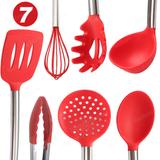 Conjunto De Utensílios Silicone E Inox Com 7 Peças Cor Vermelha Para Cozinhar E Servir - Facibom