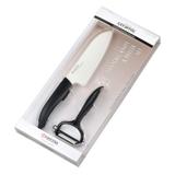Conjunto Faca e Descascador 14 cm Preto Lamina Cerâmica Branca Kyocera