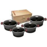 Conjunto ferro fundido cinzento - Tampa de vidro, kit com 4 caçarola e caixa de madeira MTA - 8650