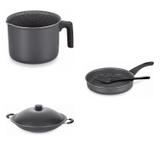 Conjunto Fervedor 0,75L, Frigideira 24cm e Panela Wok 4,5L Tramontina 427550 Preto