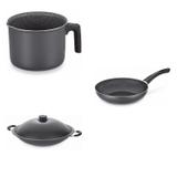 Conjunto Fervedor 0,75L, Frigideira 24cm e Panela Wok 6,6L Tramontina 427694 Preto