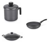 Conjunto Fervedor 1,8L, Panela Wok 4,5L e Frigideira 28cm Tramontina 427493 Preto