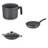 Conjunto Fervedor 1L, Frigideira 24cm e Panela Wok 6,6L Tramontina 427744 Preto