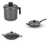 Conjunto Fervedor 2,6L, Frigideira 26cm e Panela Wok 4,5L Tramontina 427522 Preto