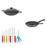 Conjunto Frigideira 18cm, Panela Wok 4,5L e Jogo de Facas Tramontina 428086 Preto/Colorido