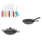 Conjunto Frigideira 18cm, Panela Wok 6,6L e Jogo de Facas Tramontina 428102 Preto/Colorido