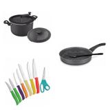 Conjunto Frigideira 20cm, Panela 3em1 e Jogo de Facas Tramontina 428074 Preto/Colorido