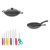 Conjunto Frigideira 20cm, Panela Wok 4,5L e Jogo de Facas Tramontina 428078 Preto/Colorido