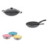 Conjunto Frigideira 20cm, Panela Wok 4,5L e Jogo de Potes Tramontina 428491 Preto/Colorido