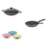 Conjunto Frigideira 20cm, Panela Wok 4,5L e Jogo de Potes Tramontina 428500 Preto/Colorido