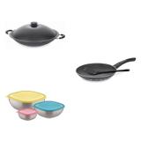 Conjunto Frigideira 20cm, Panela Wok 4,5L e Jogo de Potes Tramontina 428516 Preto/Colorido