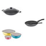 Conjunto Frigideira 20cm, Panela Wok 4,5L e Jogo de Potes Tramontina 428541 Preto/Colorido