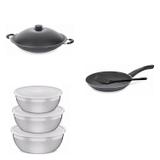 Conjunto Frigideira 20cm, Panela Wok 4,5L e Jogo de Potes Tramontina 428625 Preto/Prata