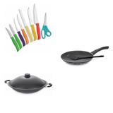 Conjunto Frigideira 20cm, Panela Wok 6,6L e Jogo de Facas Tramontina 428028 Preto/Colorido