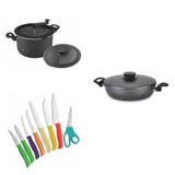 Conjunto Frigideira 22cm, Panela 3em1 e Jogo de Facas Tramontina 428066 Preto/Colorido