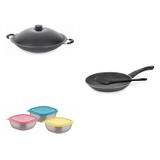 Conjunto Frigideira 22cm, Panela Wok 4,5L e Jogo de Potes Tramontina 428492 Preto/Colorido