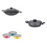 Conjunto Frigideira 22cm, Panela Wok 4,5L e Jogo de Potes Tramontina 428579 Preto/Colorido