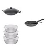 Conjunto Frigideira 22cm, Panela Wok 4,5L e Jogo de Potes Tramontina 428617 Preto/Prata