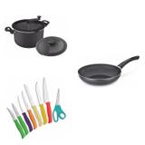 Conjunto Frigideira 24cm, Panela 3em1 e Jogo de Facas Tramontina 428070 Preto/Colorido