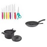 Conjunto Frigideira 24cm, Panela 3em1 e Jogo de Facas Tramontina 428130 Preto/Colorido