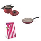 Conjunto Frigideira 24cm, Panela 3em1 e Jogo de Facas Tramontina 428319 Vermelho/Branco