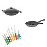 Conjunto Frigideira 24cm, Panela Wok 4,5L e Jogo de Facas Tramontina 428005 Preto/Colorido