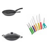 Conjunto Frigideira 24cm, Panela Wok 4,5L e Jogo de Facas Tramontina 428014 Preto/Colorido