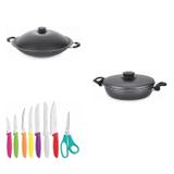 Conjunto Frigideira 24cm, Panela Wok 4,5L e Jogo de Facas Tramontina 428092 Preto/Colorido