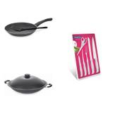 Conjunto Frigideira 24cm, Panela Wok 4,5L e Jogo de Facas Tramontina 428238 Preto/Branco