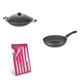 Conjunto Frigideira 24cm, Panela Wok 4,5L e Jogo de Facas Tramontina 428244 Preto/Branco