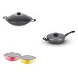 Conjunto Frigideira 24cm, Panela Wok 4,5L e Jogo de Potes Tramontina 428485 Preto/Colorido