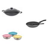 Conjunto Frigideira 24cm, Panela Wok 4,5L e Jogo de Potes Tramontina 428502 Preto/Colorido