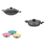 Conjunto Frigideira 24cm, Panela Wok 4,5L e Jogo de Potes Tramontina 428505 Preto/Colorido