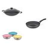 Conjunto Frigideira 24cm, Panela Wok 4,5L e Jogo de Potes Tramontina 428508 Preto/Colorido