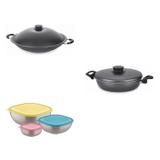 Conjunto Frigideira 24cm, Panela Wok 4,5L e Jogo de Potes Tramontina 428530 Preto/Colorido