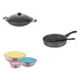 Conjunto Frigideira 24cm, Panela Wok 4,5L e Jogo de Potes Tramontina 428539 Preto/Colorido
