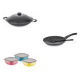 Conjunto Frigideira 24cm, Panela Wok 4,5L e Jogo de Potes Tramontina 428568 Preto/Colorido