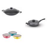 Conjunto Frigideira 24cm, Panela Wok 4,5L e Jogo de Potes Tramontina 428585 Preto/Colorido
