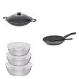 Conjunto Frigideira 24cm, Panela Wok 4,5L e Jogo de Potes Tramontina 428627 Preto/Prata