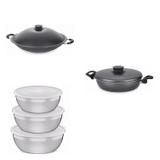 Conjunto Frigideira 24cm, Panela Wok 4,5L e Jogo de Potes Tramontina 428630 Preto/Prata