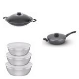 Conjunto Frigideira 24cm, Panela Wok 4,5L e Jogo de Potes Tramontina 428635 Preto/Prata