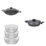 Conjunto Frigideira 24cm, Panela Wok 4,5L e Jogo de Potes Tramontina 428655 Preto/Prata