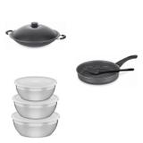 Conjunto Frigideira 24cm, Panela Wok 4,5L e Jogo de Potes Tramontina 428664 Preto/Prata