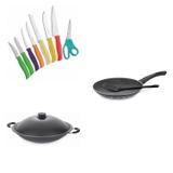 Conjunto Frigideira 24cm, Panela Wok 6,6L e Jogo de Facas Tramontina 428030 Preto/Colorido