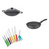 Conjunto Frigideira 24cm, Panela Wok 6,6L e Jogo de Facas Tramontina 428045 Preto/Colorido
